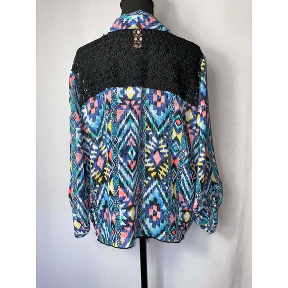 No Boundaries Blouse Lace Shoulders and Backing Tie Front Multicolor Pattern - Picture 3 of 8